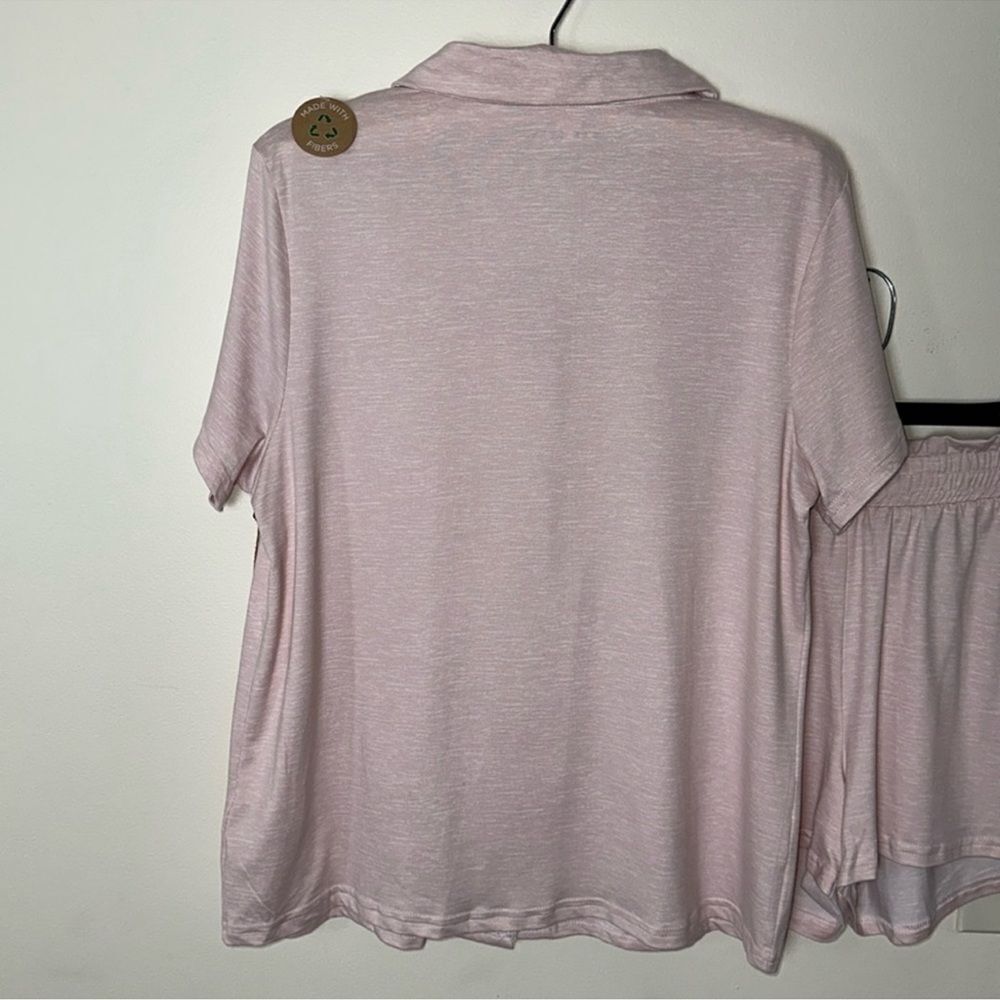 RAE DUNN. M Heather Pink White Notch Collar Short Sleeve Button Top Shorts PJ - Picture 3 of 11